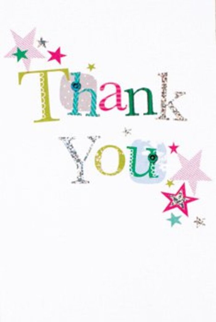 There's a gentle exuberance and refined artistry to this thank you card, synonymous with the spirit of Shacklewell's creative enclaves. Each letter in the phrase 'Thank You' radiates personality: some curve playfully, adorned with pops of colour and tiny polka dots, while others gleam under soft silver flourishes reminiscent of a crafts fair booth along Amhurst Road. The surrounding stars, streaked with magenta stripes, turquoise, and sparkling silvery tones, cluster beside the message, blessing the sentiment with a joyful air familiar to those who've strolled by leafy Shacklewell Green on a sunny afternoon. The overall design feels modern and light-the white background offering an uncluttered canvas, highlighting each stuck-on accent and celebrating the easy elegance Shacklewell is adored for. In the hands of a local florist, this card becomes more than a note; it's an uplifting gesture, ideal to accompany a bouquet delivered to honour kindness or mark a special moment in the neighbourhood. With its blend of understated sophistication and spirited whimsy, it captures gratitude that is both heartfelt and memorable-an artistic pairing for any floral gift sent across this vibrant corner of Hackney.